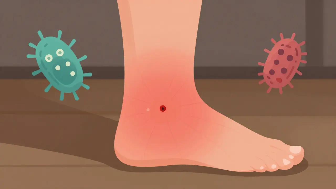 Pierna inflamada y roja con una picadura en el centro, mostrando propagación de infección.