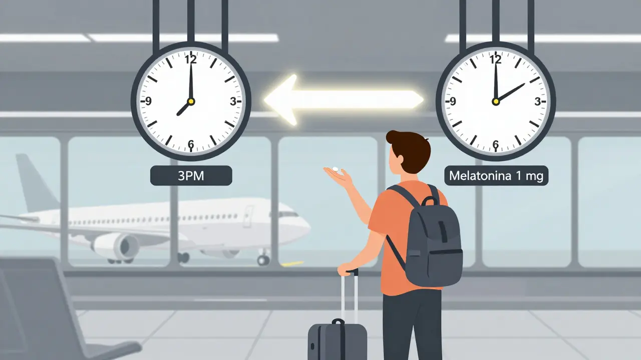 Viajero en aeropuerto con dos relojes de diferentes zonas horarias, sosteniendo una pastilla de melatonina.