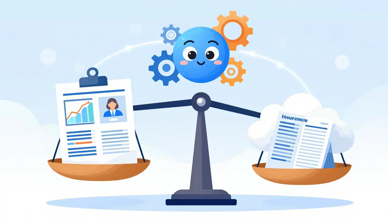 Balanza que une registros clínicos y datos de reclamaciones, con algoritmo de IA facilitando la vigilancia de seguridad.