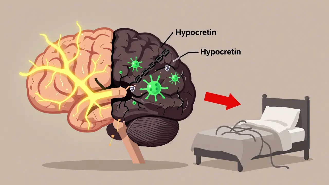 Cerebro dividido: una mitad sana y brillante, la otra dañada con células inmunes atacando neuronas que producen hipocretina.