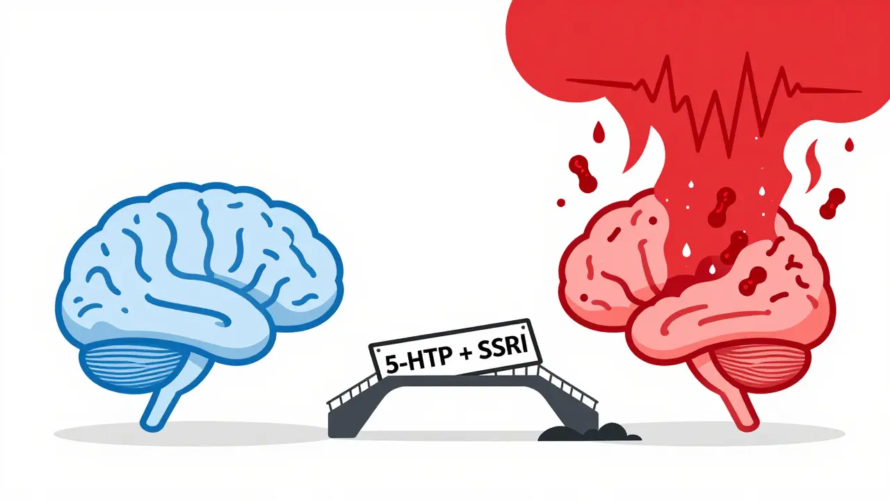Cerebro normal vs. cerebro sobrecargado de serotonina, con un puente peligroso entre ambos estados.