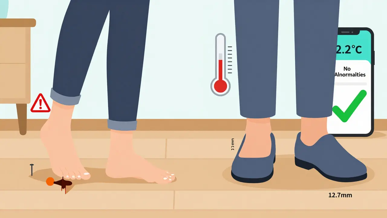 Comparación entre caminar descalzo (con peligros ocultos) y usar calzado terapéutico adecuado.