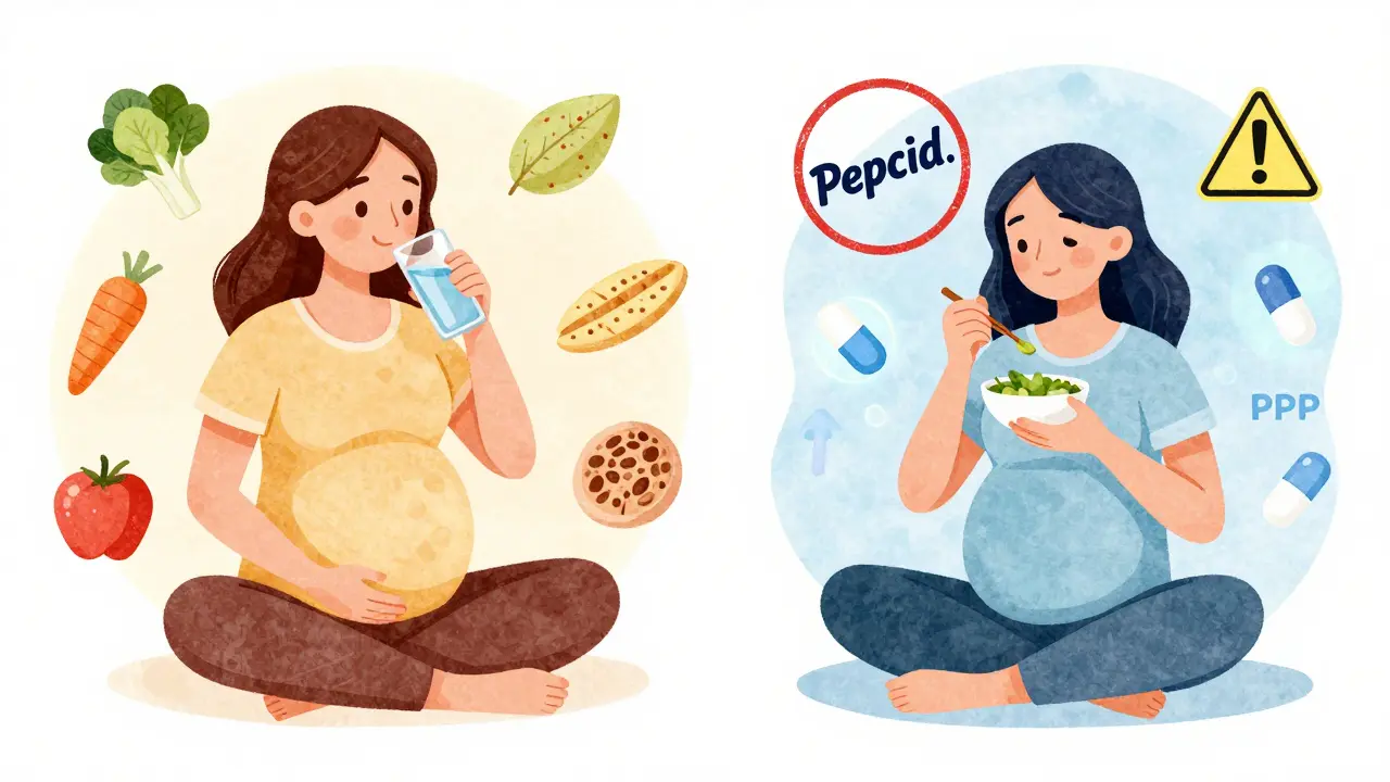 Comparación ilustrada de hábitos seguros en primer y tercer trimestre de embarazo.