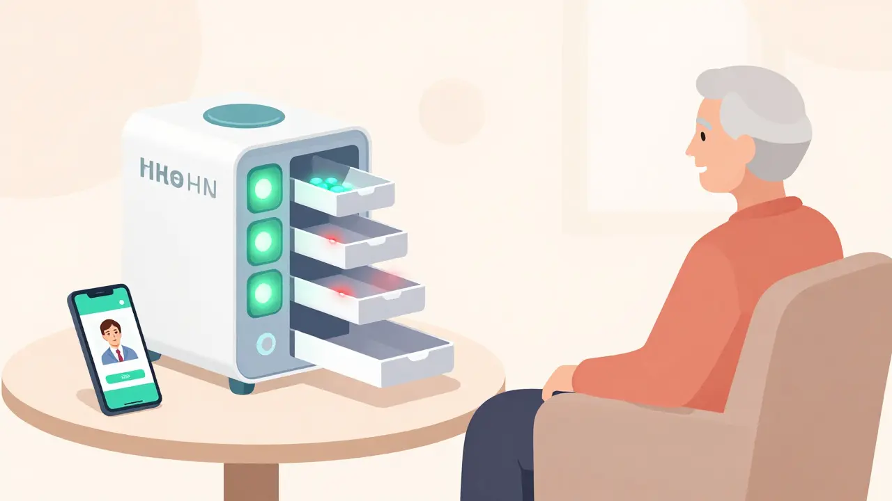 Dispensador automático de pastillas con luces de colores y notificación a un familiar.