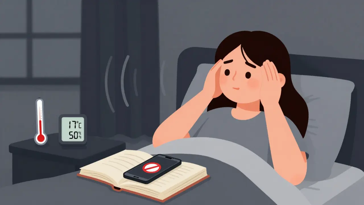 Dormitorio ideal para tinnitus: temperatura fresca, humedad adecuada, sin pantallas.