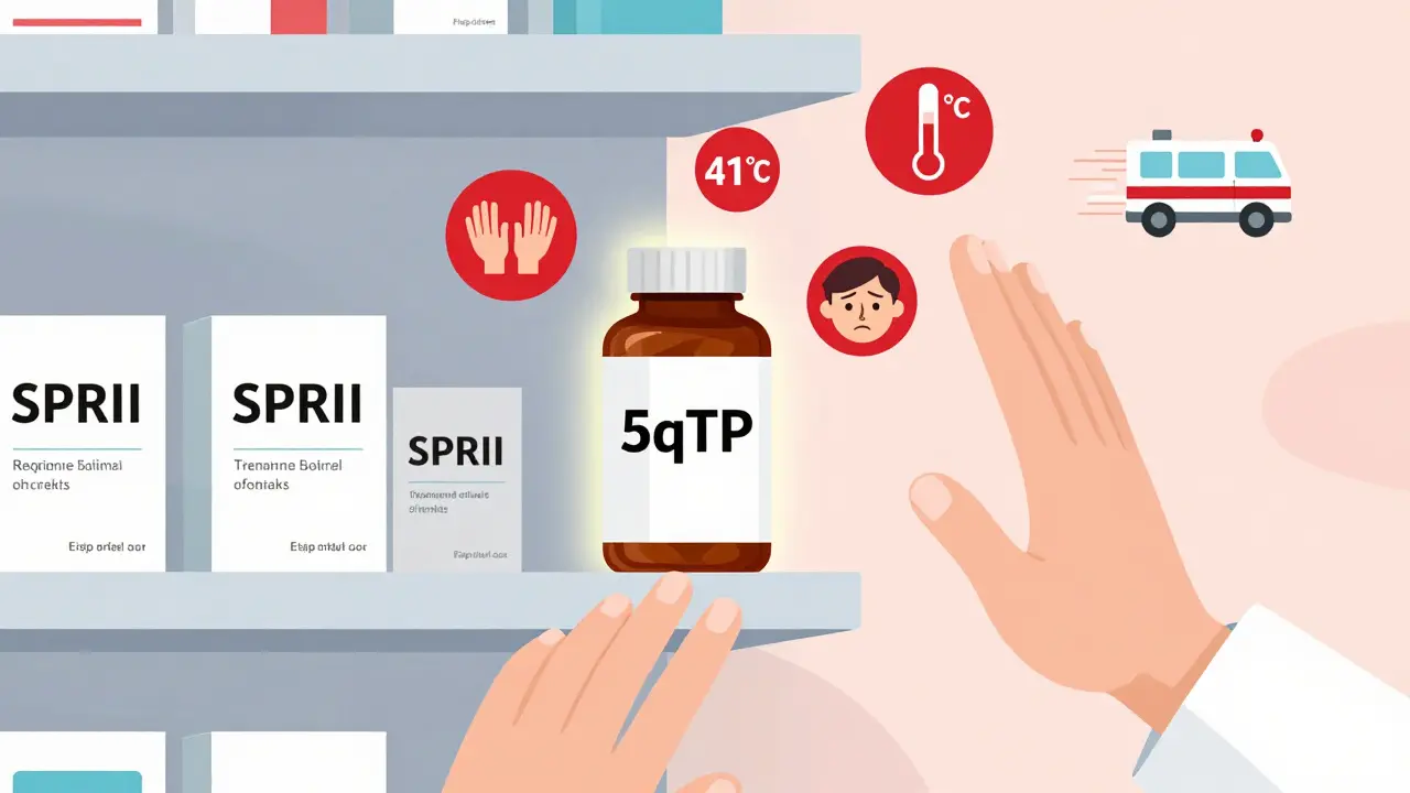 Estantería de farmacia con suplemento 5-HTP sin advertencias, rodeado de síntomas graves y una mano que lo detiene.