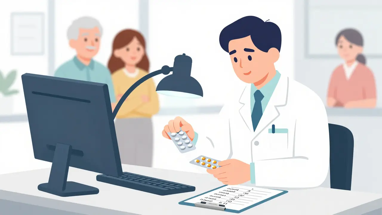 Farmacéutico preparando un envase blíster con precisión para un adulto mayor.