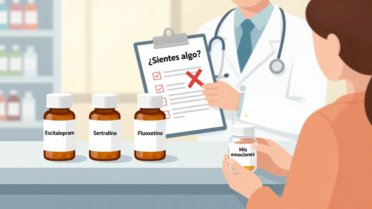 Fármacos SSRI en una farmacia mientras un paciente pierde sus emociones, con luz de esperanza al fondo.