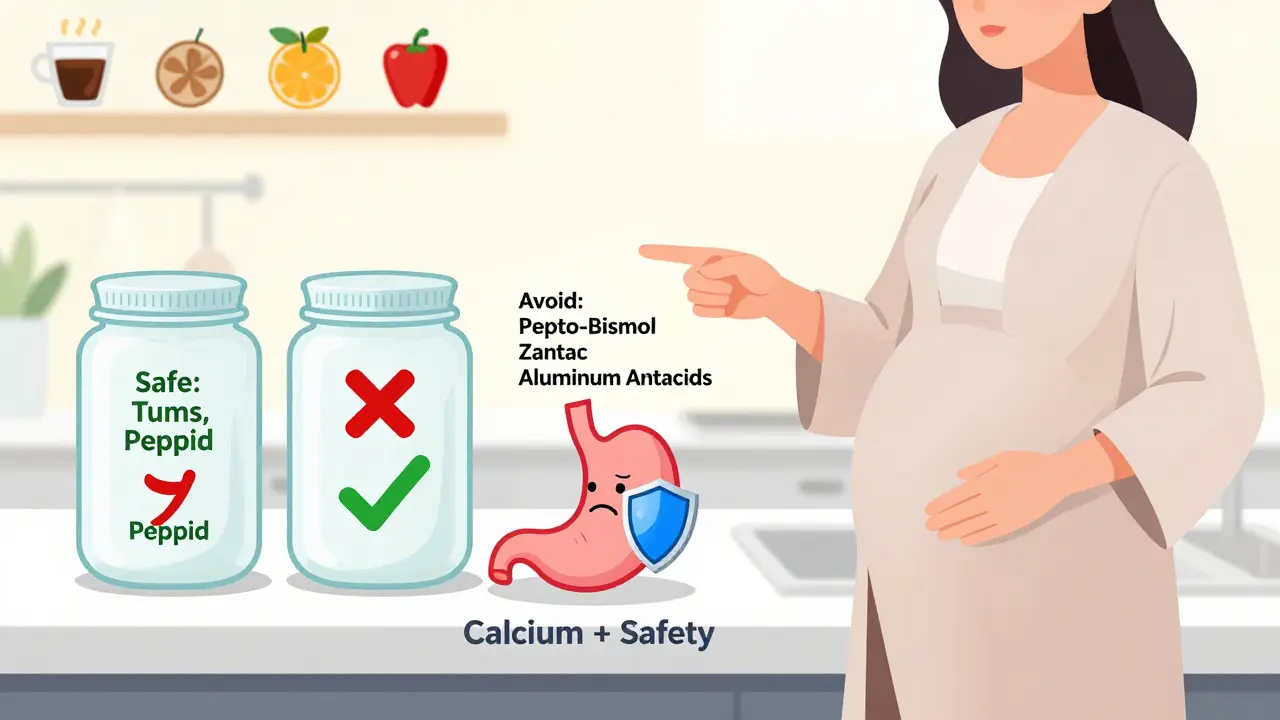 Frascos etiquetados de medicamentos seguros y peligrosos para la acidez durante el embarazo.