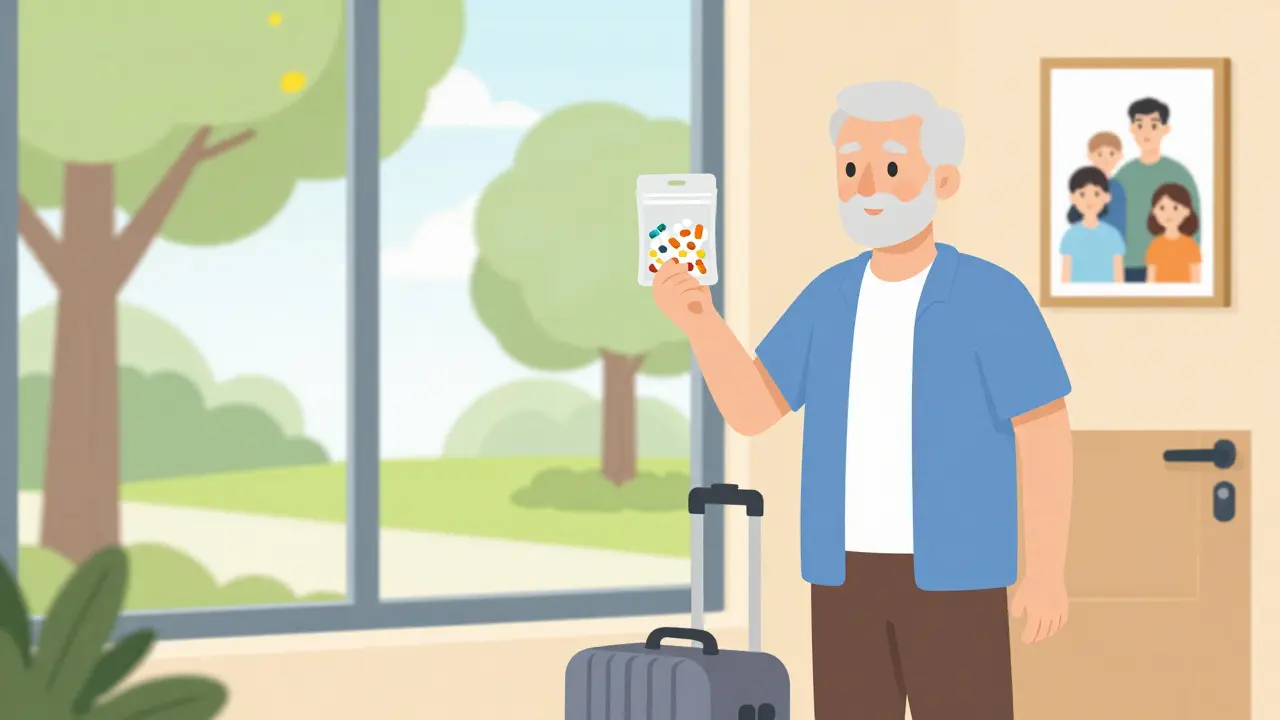 Hombre mayor llevando una bolsita de dosis preparadas para salir de viaje.