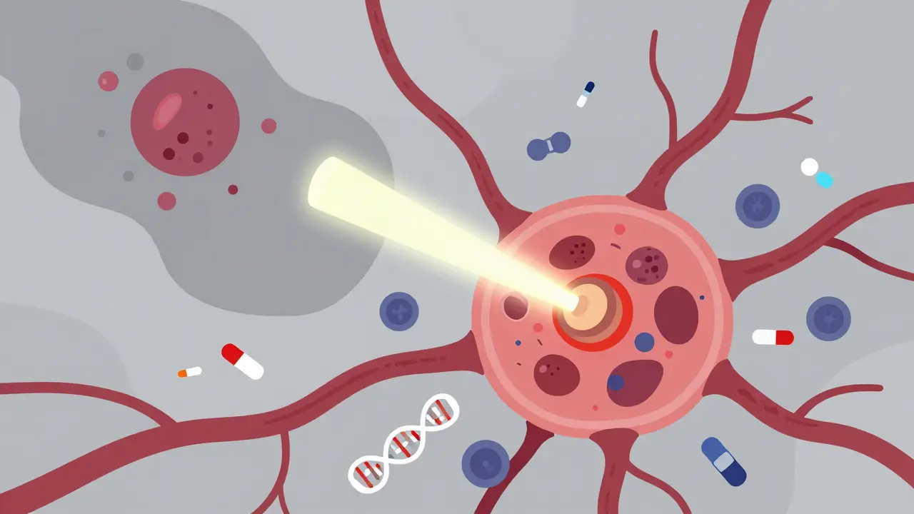 Microambiente tumoral con células inmunitarias activadas por fragmentos de ADN liberados.