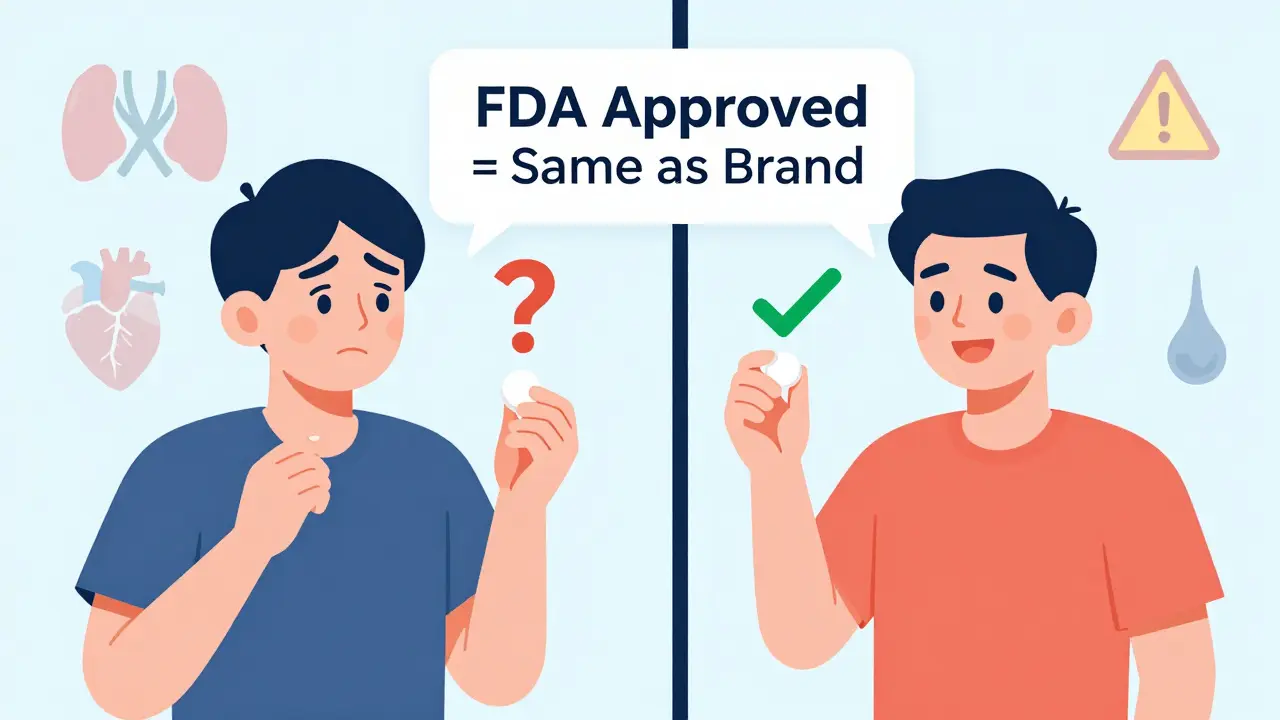 Paciente confundido a un lado y tranquilo al otro, con una etiqueta que dice 'Aprobado por la FDA = Igual que la marca'.