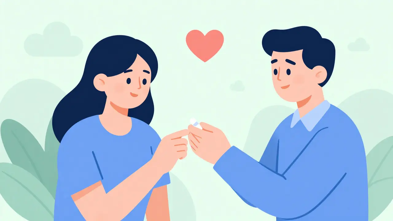 Persona recibiendo apoyo conductual al tomar medicamento