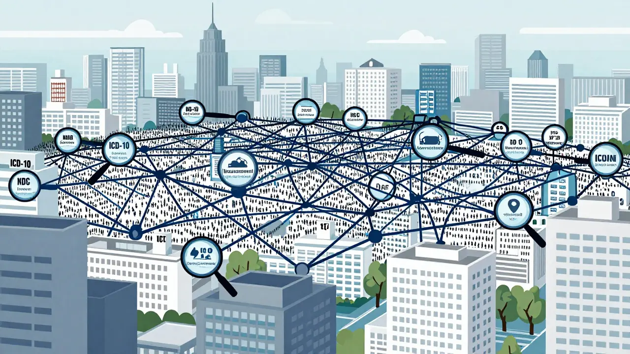 Red de reclamaciones de seguros conectando hospitales y farmacias, destacando eventos adversos raros.