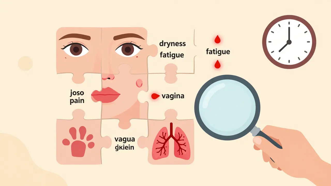 Rompecabezas médico con síntomas del Sjögren: ojos, boca, piel, articulaciones, pulmones, vagina y cerebro.