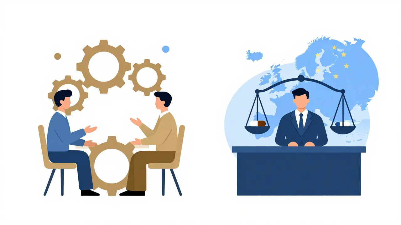 Ruedas y mesa gubernamental negociando precios de medicamentos.