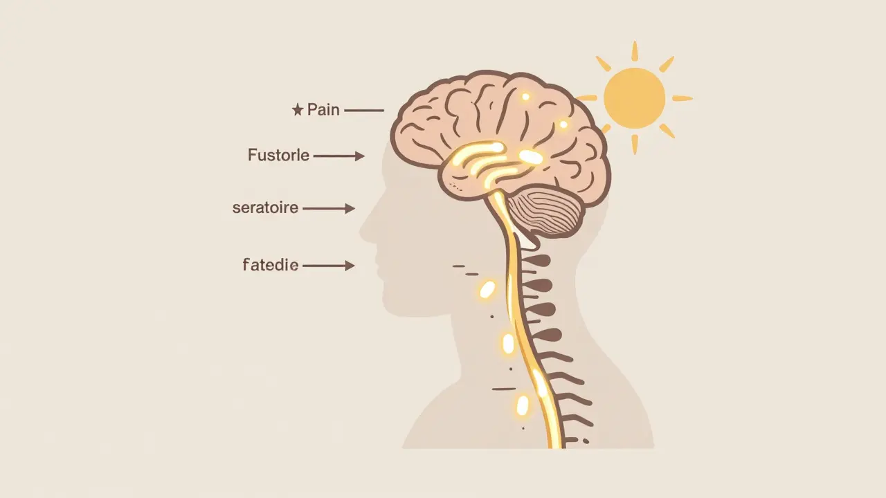 Sistema nervioso con neurotransmisores dorados filtrando señales de dolor antes de llegar al cerebro, con un sol naciente simbolizando mejoría.