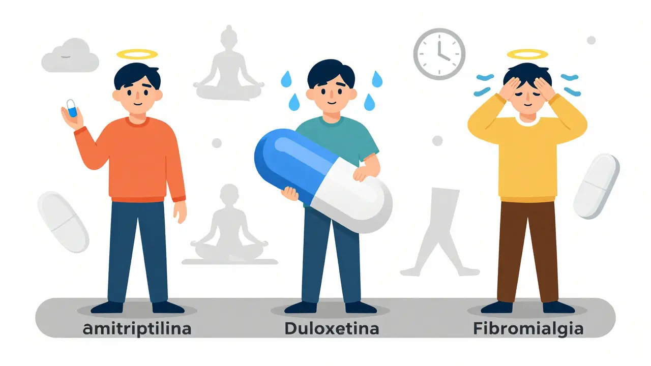 Tres figuras representando distintos antidepresivos para fibromialgia, cada una con efectos secundarios visuales, sobre un camino de cambios de estilo de vida.