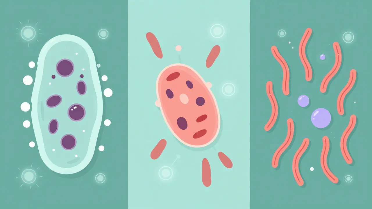 Tres formas de muerte celular tras radiación: apoptosis, fallo reproductivo y catástrofe mitótica.