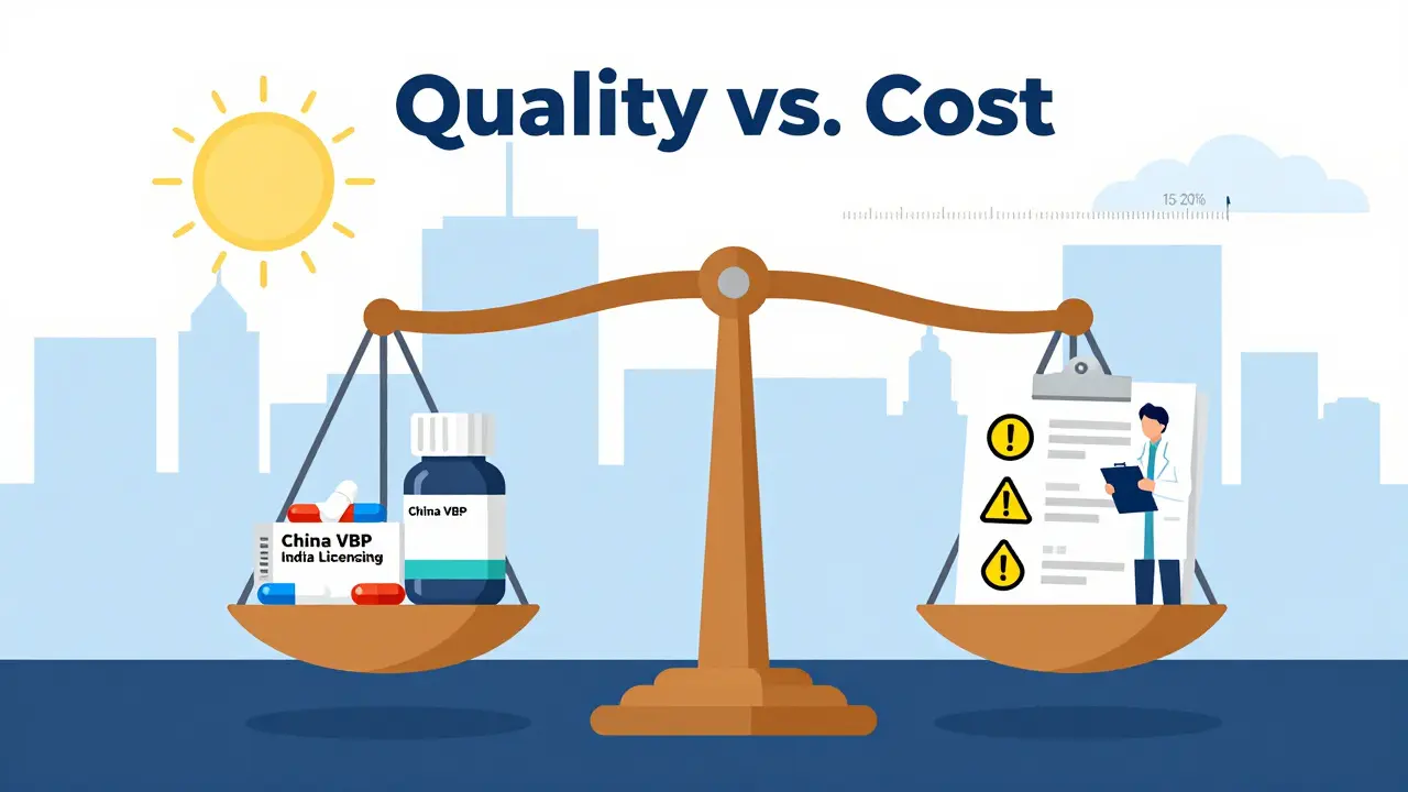 Balanza que compara producción de genéricos económicos con riesgos de calidad, con alertas médicas y estantes vacíos.