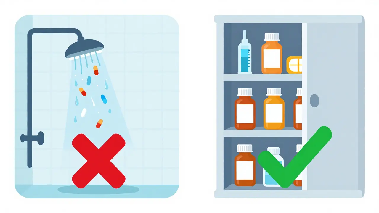 Comparación de almacenamiento seguro de medicamentos frente a un baño húmedo y cálido.