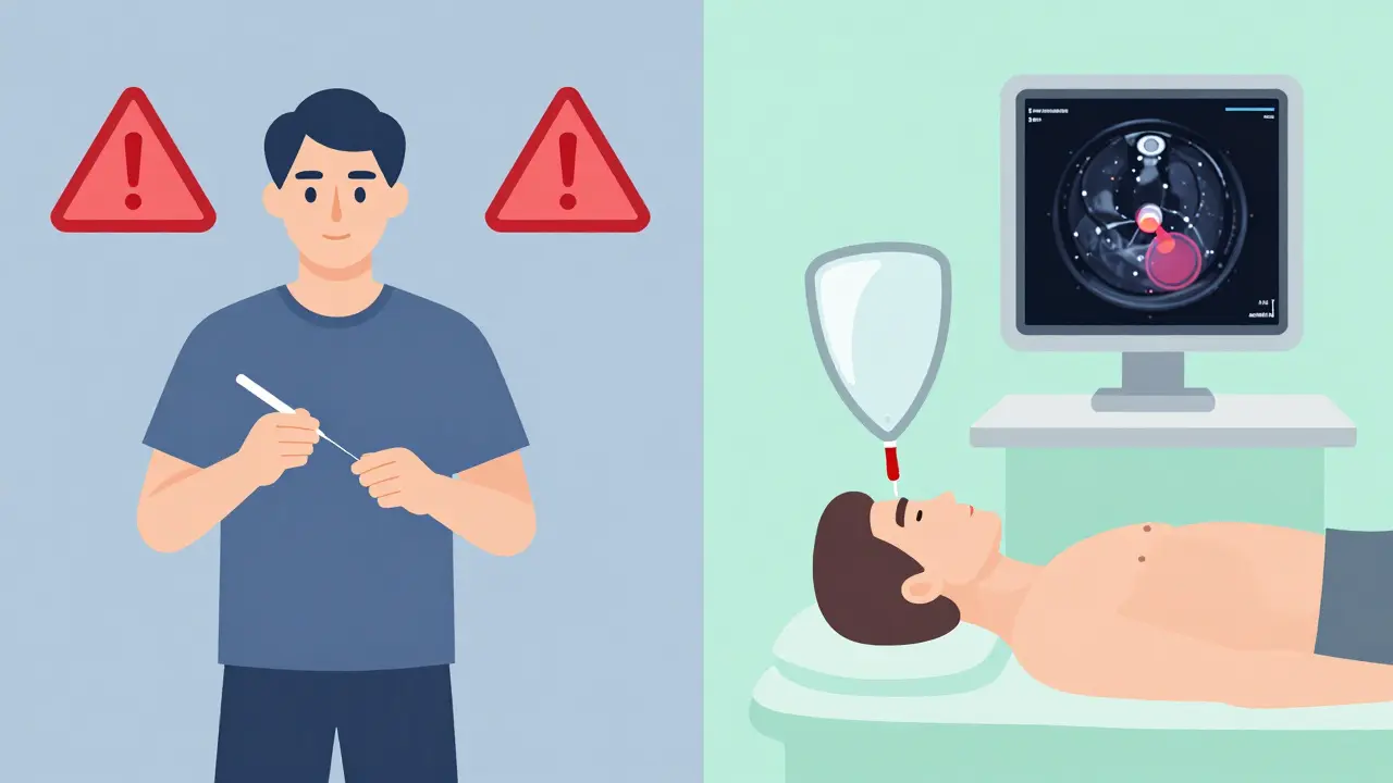 Comparación de biopsias de próstata: tradicional con riesgos vs. técnica transperineal más segura con imagen por resonancia.
