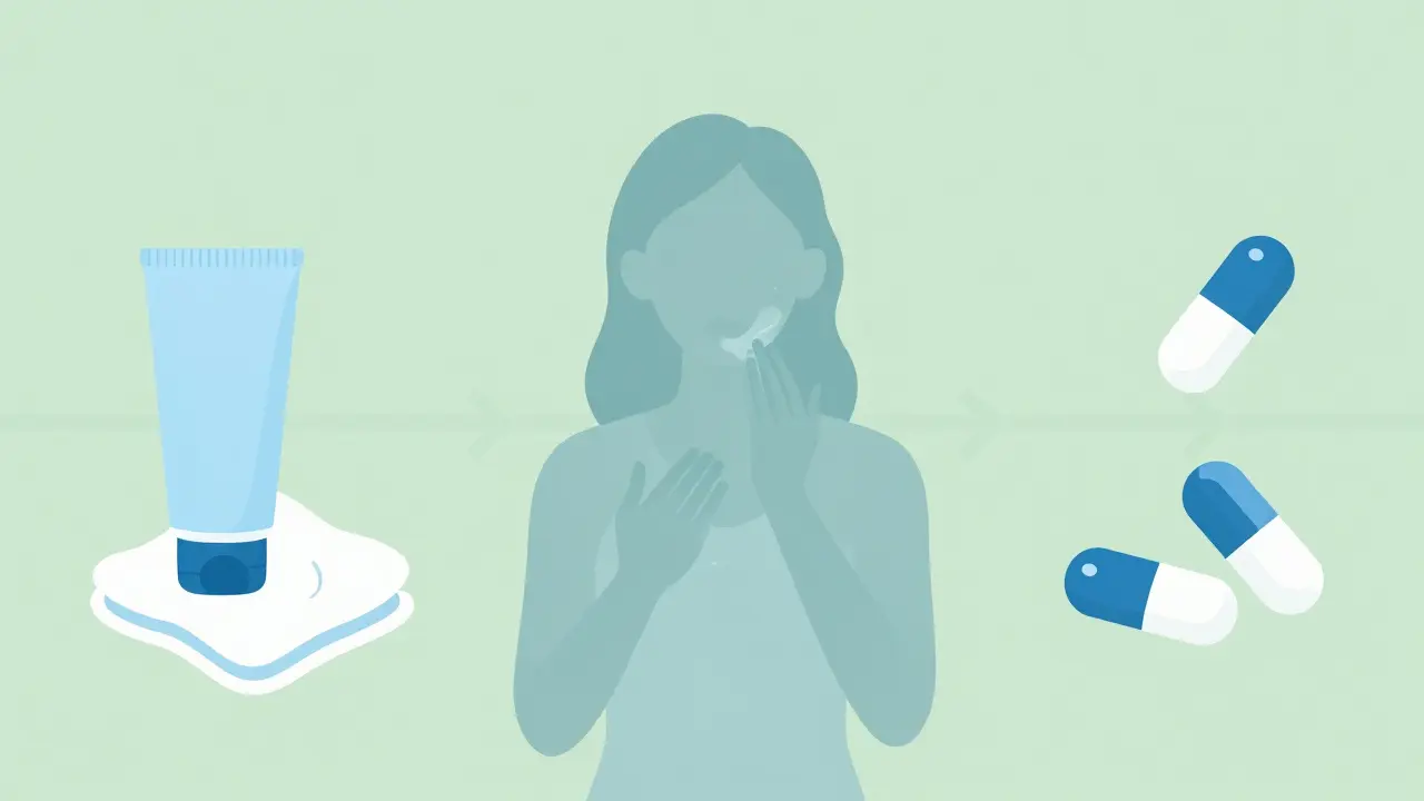 Concepto de rutina de cuidado facial con cremas y medicamentos.