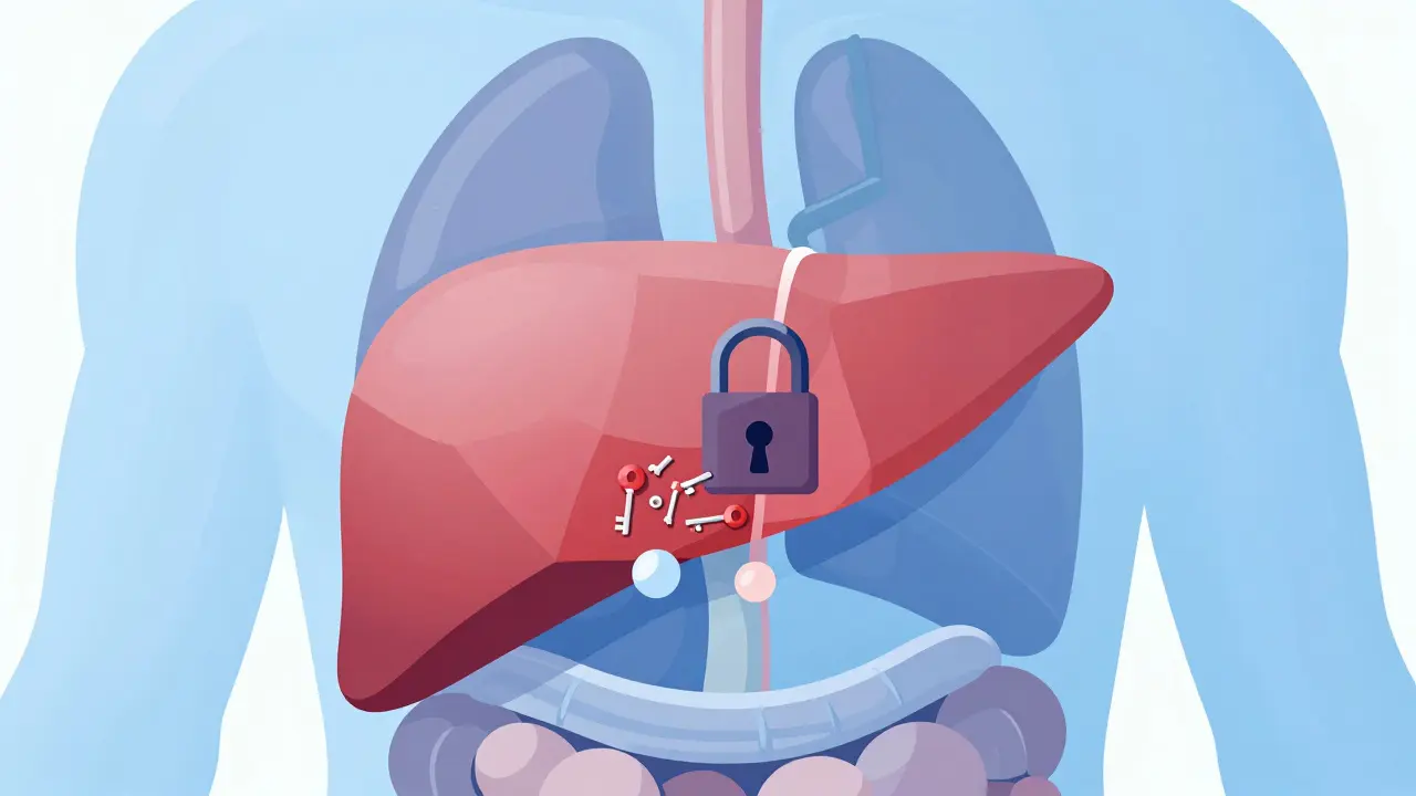 Dibujo plano del hígado bloqueando la eliminación de fármacos en el cuerpo.