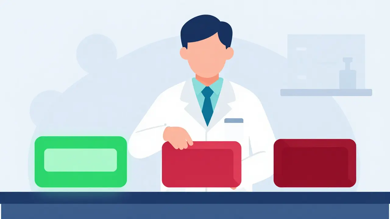 Farmacéutico eligiendo entre opciones seguras y riesgosas de medicamentos planos.