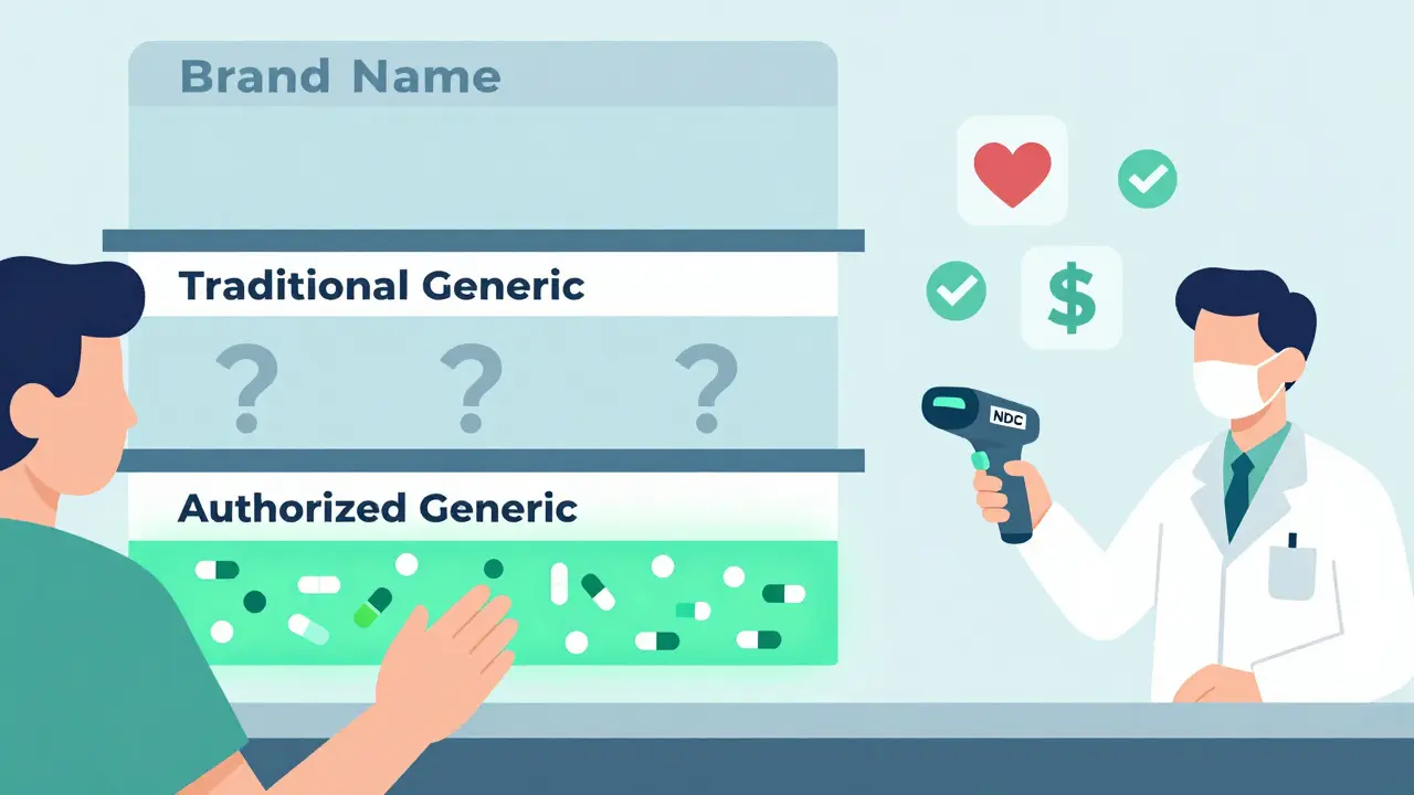 Farmacia con estantes que muestran la diferencia entre medicamentos de marca, genéricos tradicionales y genéricos autorizados.