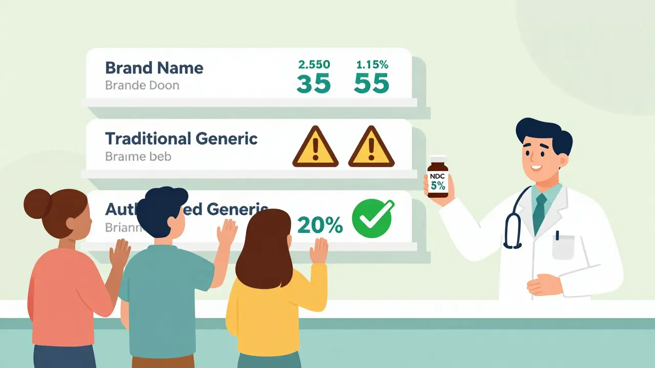 Fármacos en tres estantes: marca, genérico tradicional y genérico autorizado con precio más bajo y check verde.