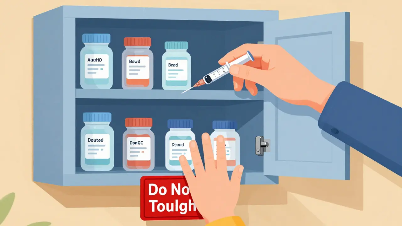 Gabinete de medicamentos cerrado y bloqueado, con mano de niño detenida antes de alcanzarlo.