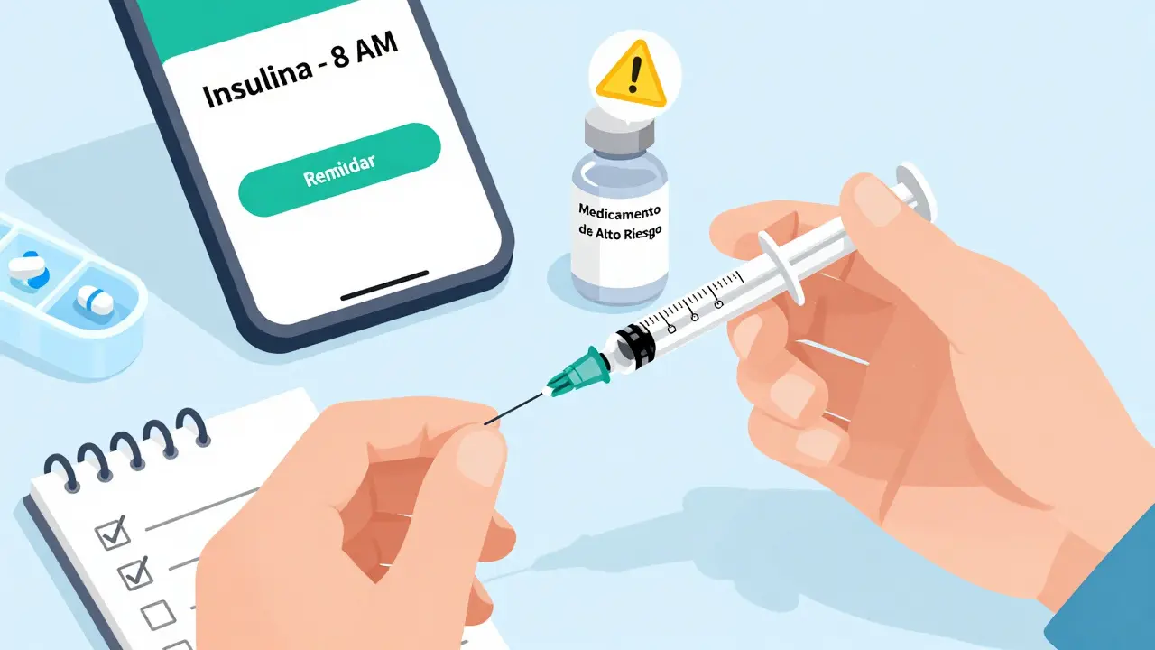 Mano usando una jeringa para medir medicamento líquido, junto a un organizador de pastillas y una app de recordatorios en un teléfono.