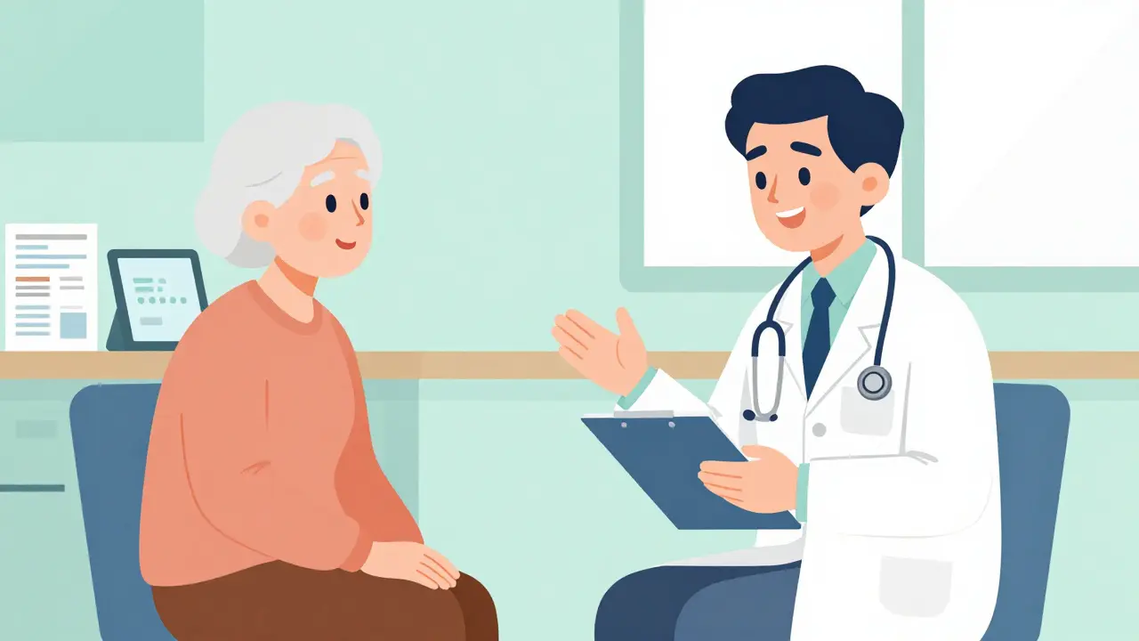 Médico verificando comprensión del paciente adulto mayor usando técnica teach-back