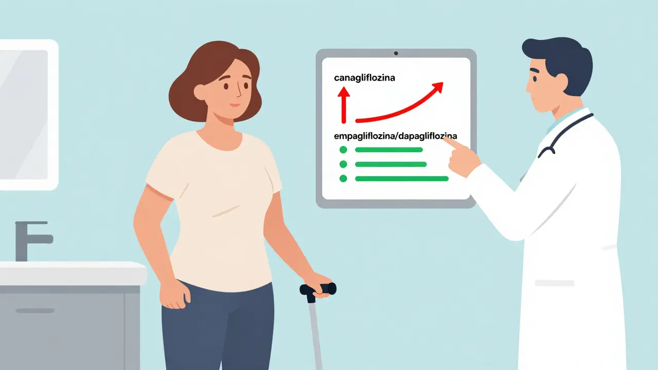 Mujer con escáner óseo y datos comparativos de medicamentos para diabetes.