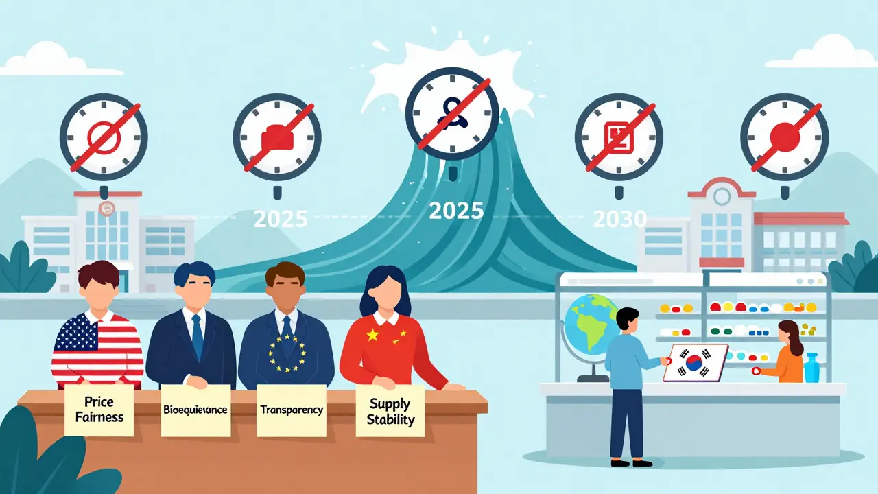 Ola de expiración de patentes entre 2025 y 2030, con políticos negociando principios de equidad y calidad para medicamentos genéricos.