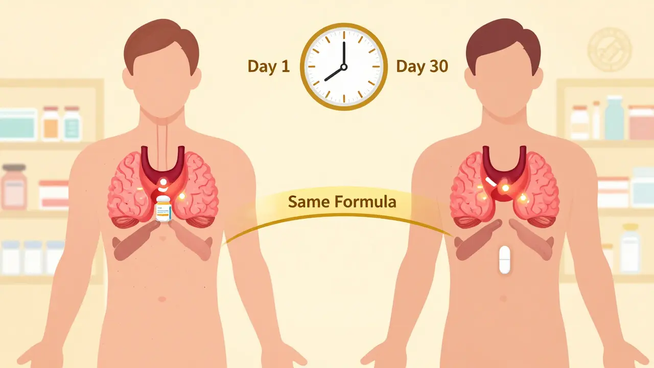 Paciente con órganos iguales bajo pastillas de marca y genérica autorizada, conectadas por un puente de fórmula idéntica.