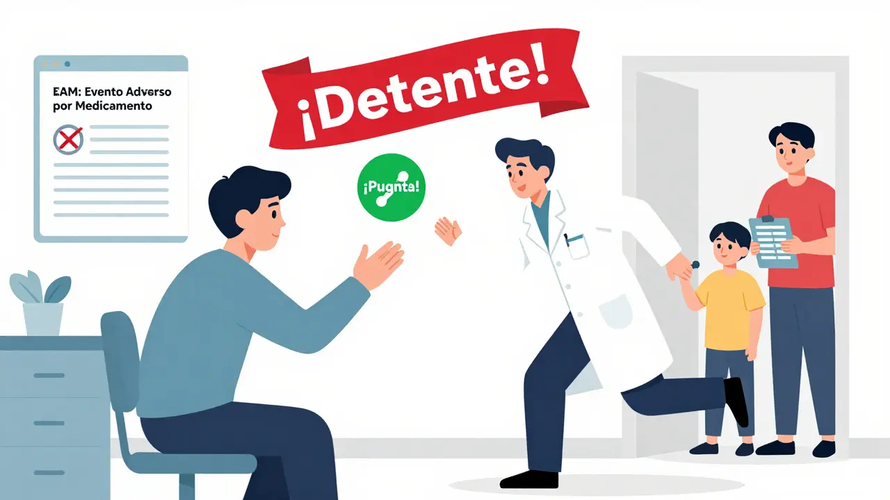 Paciente deteniéndose al notar un error en la etiqueta de un medicamento, mientras un farmacéutico revisa la receta.