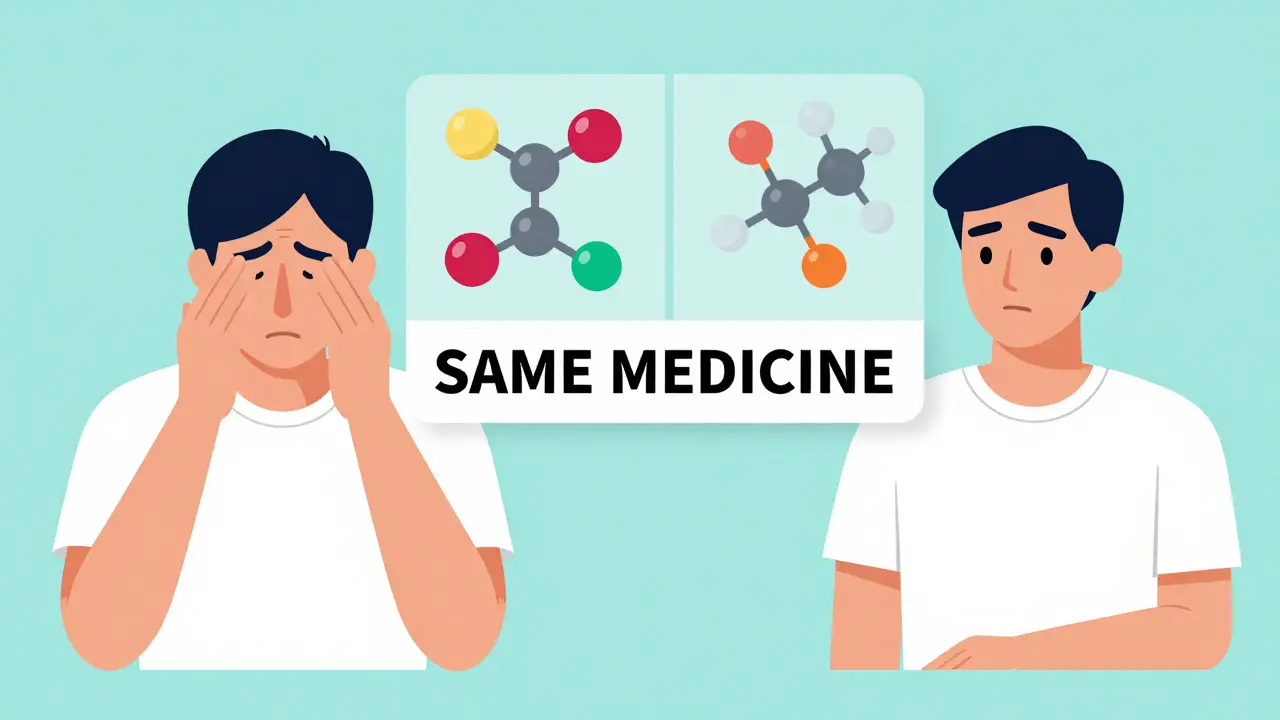 Persona cansada a la izquierda, tranquila a la derecha, comparando efectos de genéricos tradicionales y autorizados.