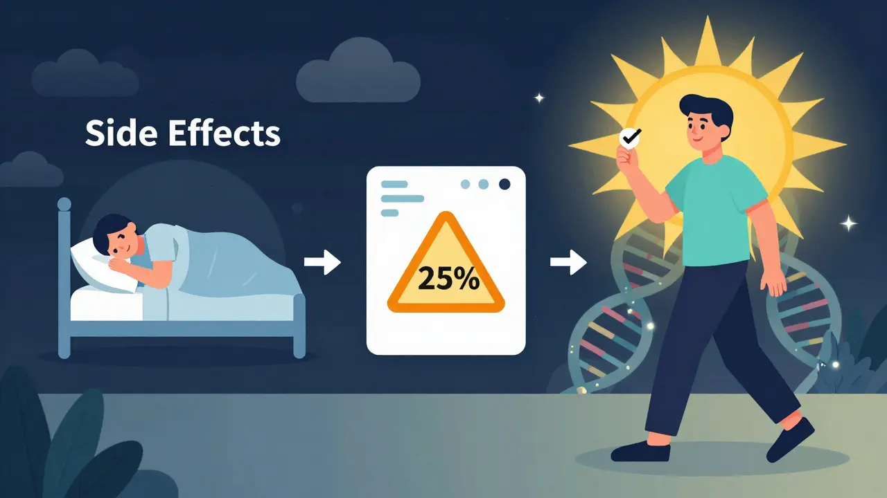 Secuencia ilustrada de la rotación de opioides: desde efectos adversos hasta mejora con dosis ajustada y medicina personalizada.