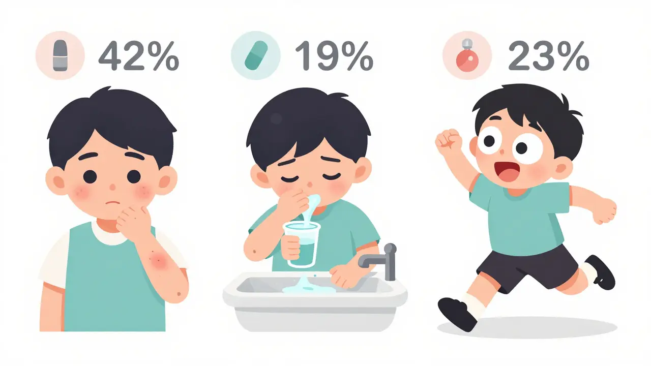 Tres escenas ilustradas de efectos secundarios comunes en niños: erupción, vómito y hiperactividad.