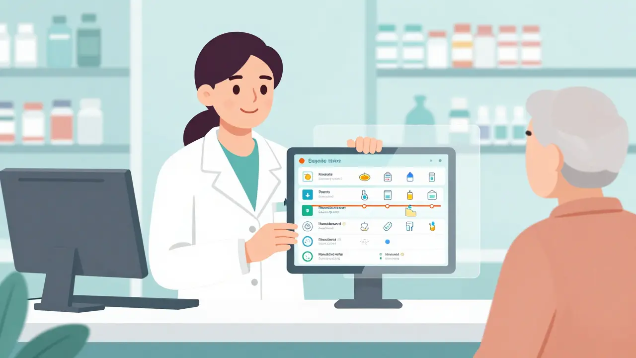 Un farmacéutico muestra a un adulto mayor una pantalla con su historial de medicamentos unificado.