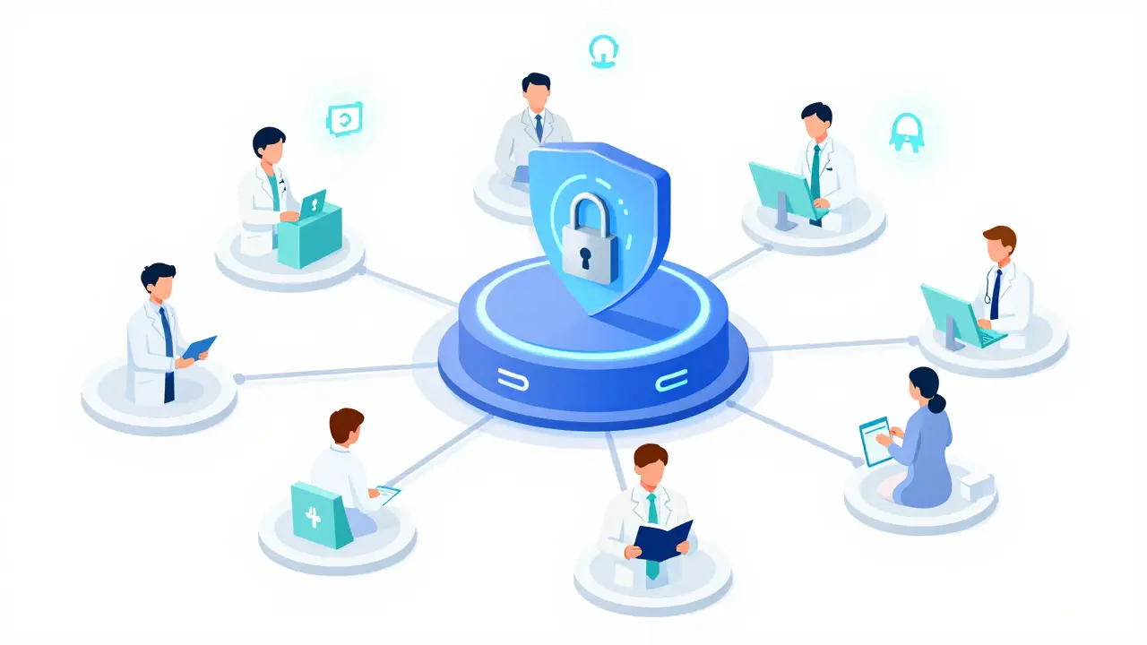 Un sistema central conecta farmacias locales, donde los farmacéuticos deciden con confianza junto a alertas inteligentes.