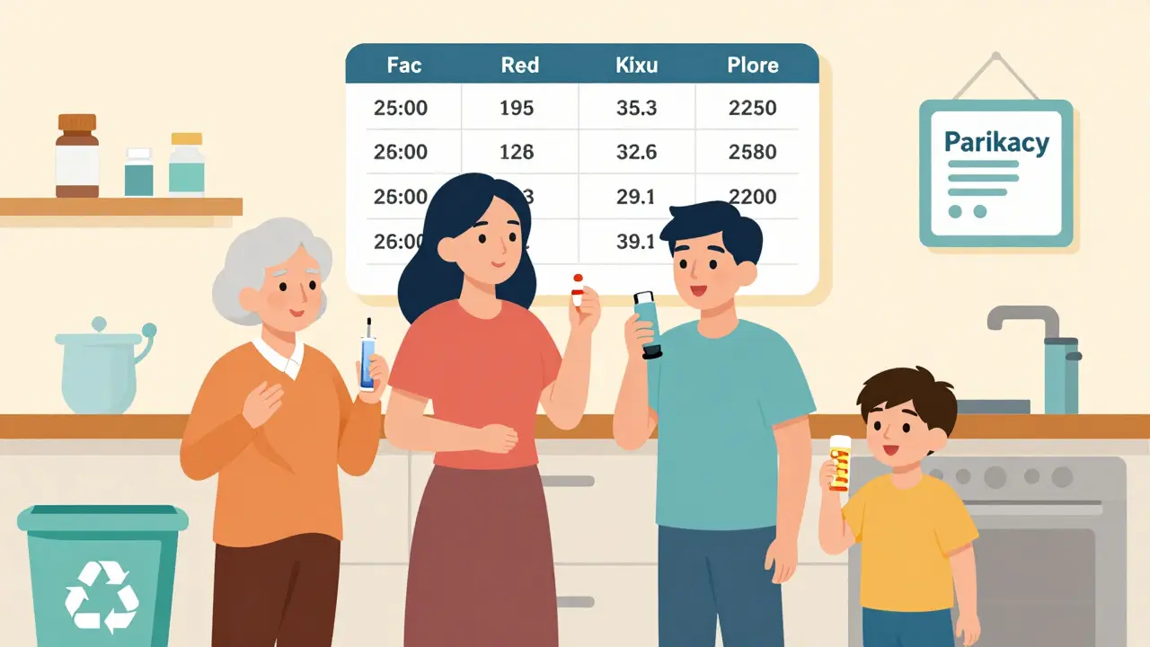 Una familia sostiene medicamentos mientras miran un calendario mural con fechas de vencimiento y un punto de recolección en la pared.