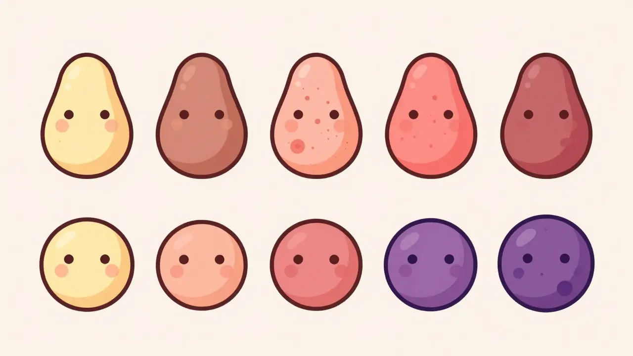 Variadas lesiones de acné desde puntos negros hasta quistes rojos.