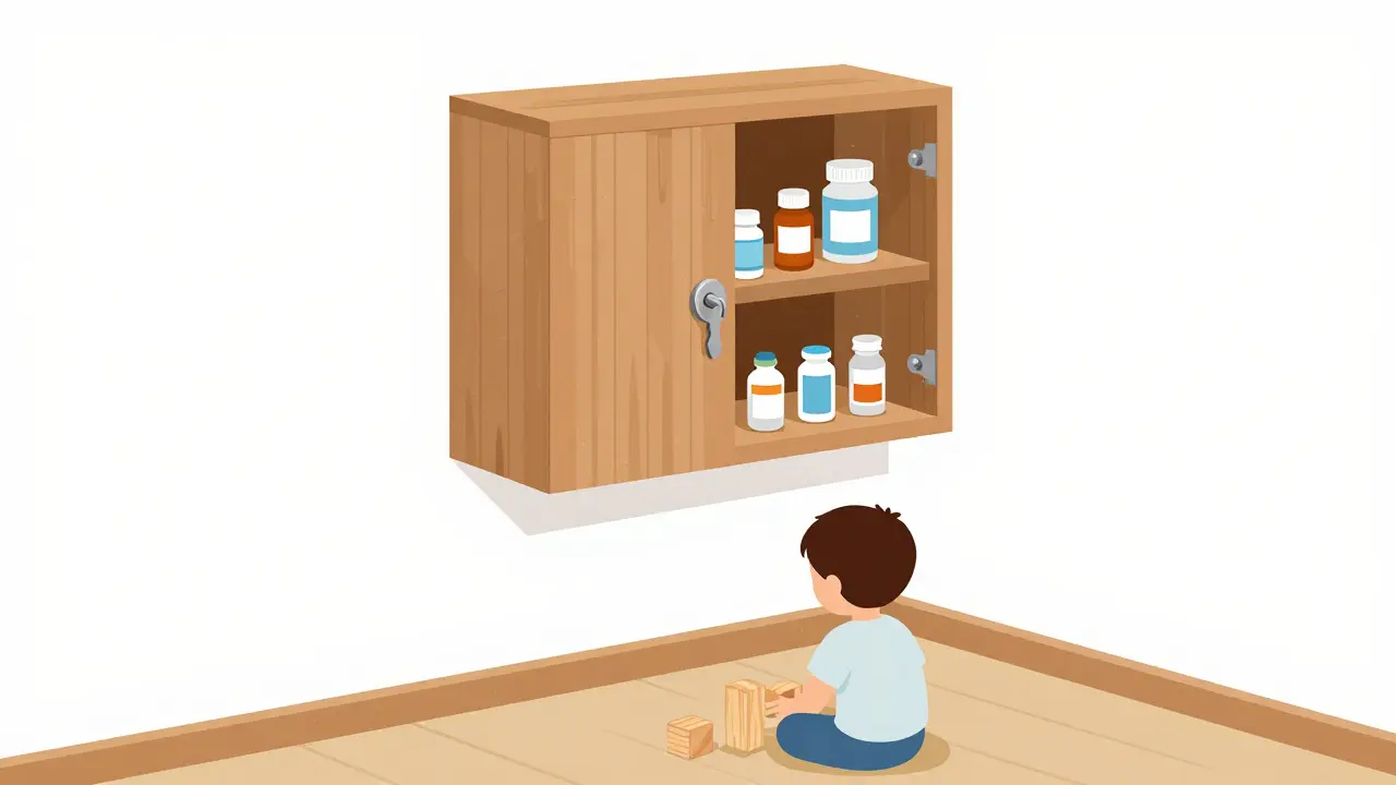 Armario de medicinas cerrado con llave instalado en lo alto de una pared.