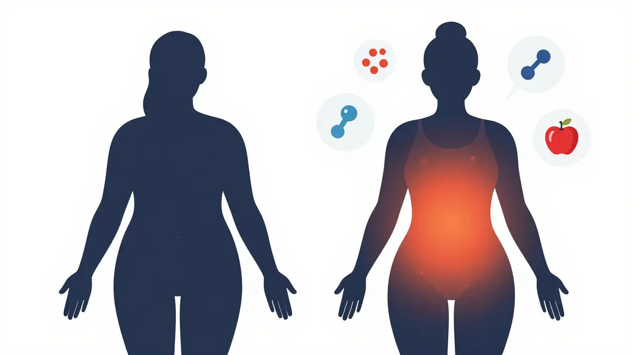 Comparación de siluetas corporales en forma de pera y manzana resaltando la grasa abdominal por SOP.