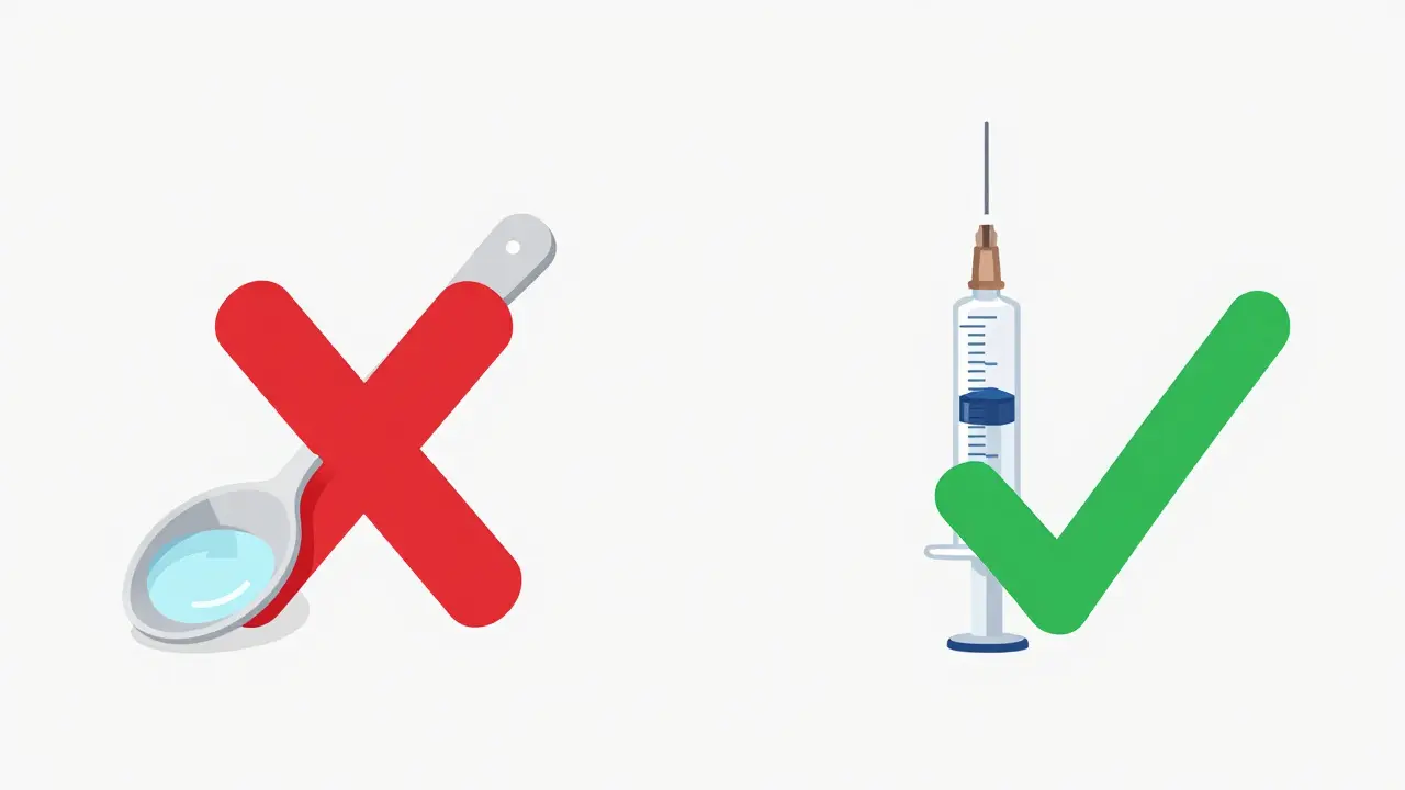 Comparativa entre una cuchara de cocina tachada y una jeringuilla dosificadora correcta.
