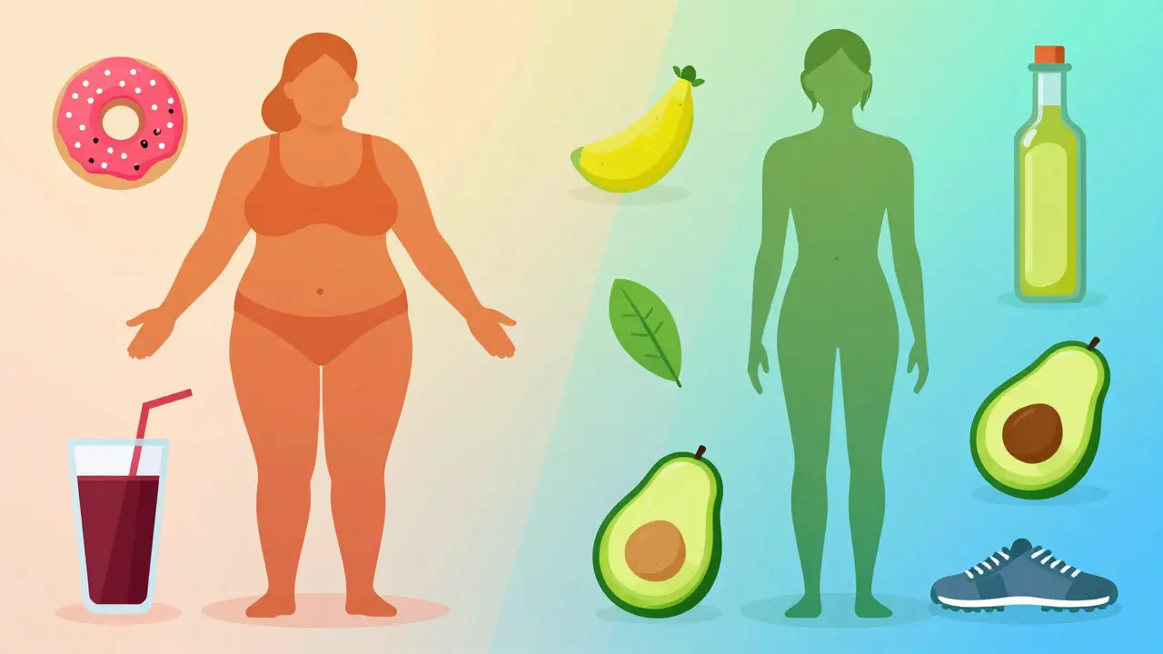 Comparativa ilustrada entre hábitos poco saludables y un estilo de vida mediterráneo activo.