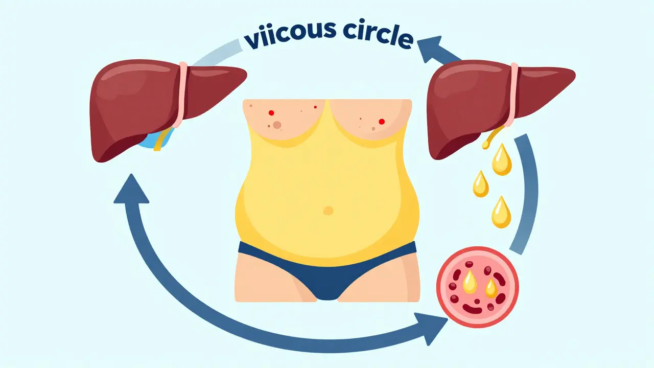 Diagrama ilustrado del ciclo entre la grasa abdominal, los triglicéridos y la glucosa.
